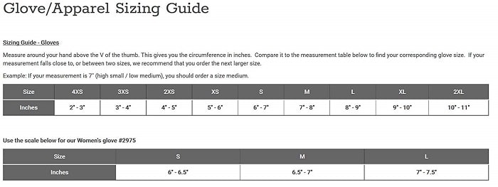 Caiman rappelling glove sizing guide